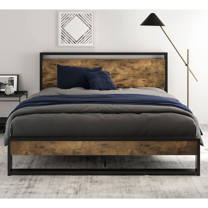 Hivvago Queen size Metal Wood Platform Bed Frame with Industrial Headboard