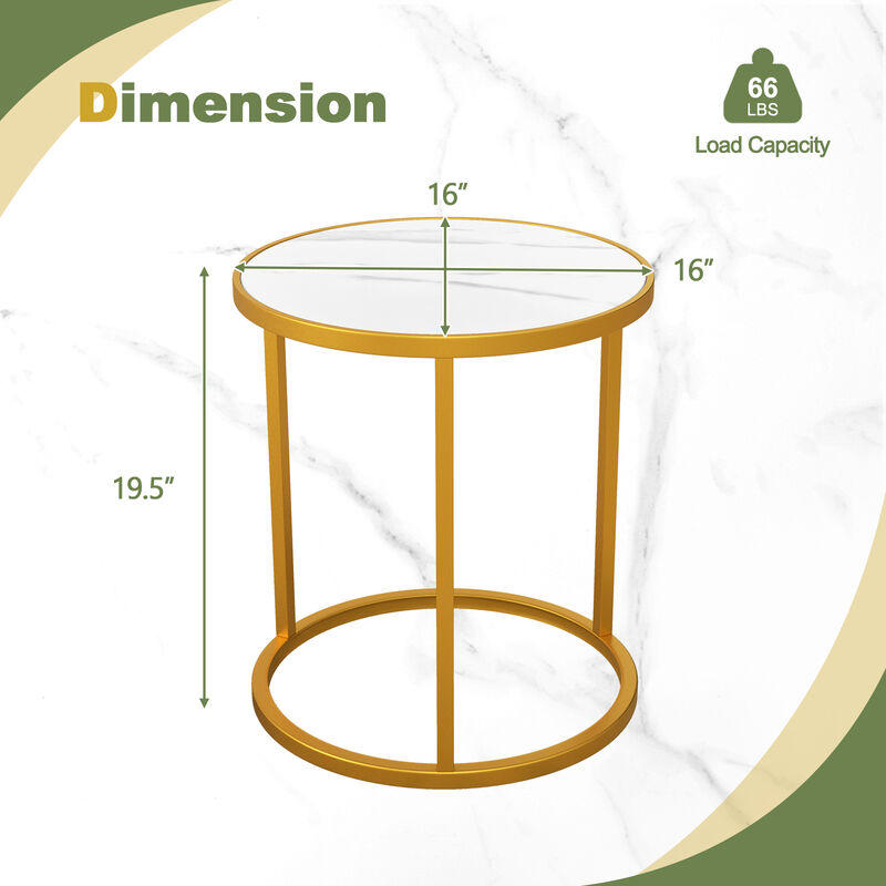 Marble Top Round Side Table 16-Inch End Table with Golden Metal Frame-Set of 2