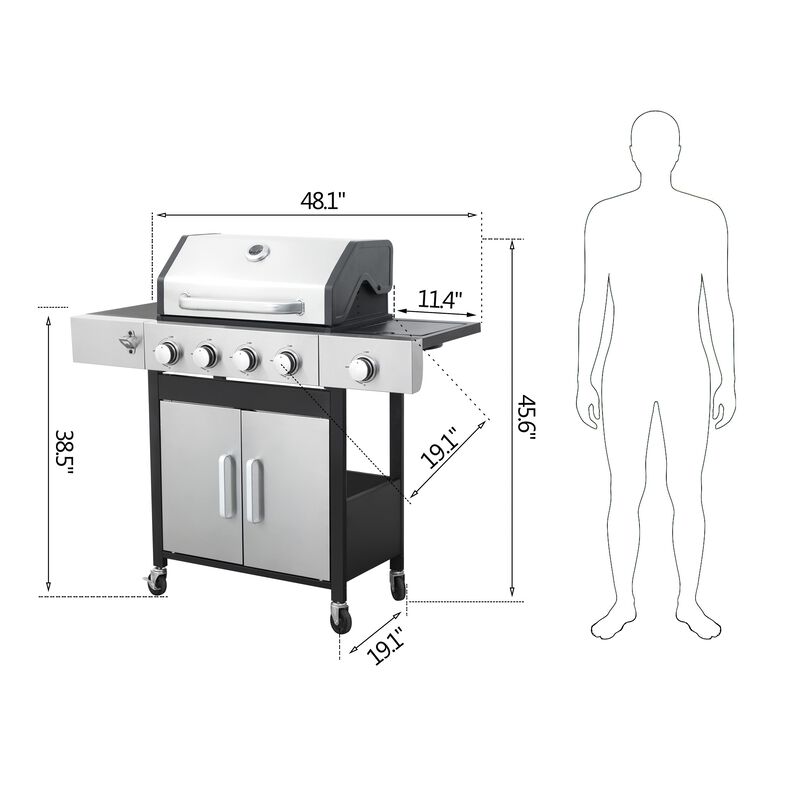 MONDAWE 4-Burner Propane Gas BBQ Grill with Side Burner, 46790BTU Output With Enameled Cast Iron Cooking Grids For Outdoor Barbecue, Stainless Steel