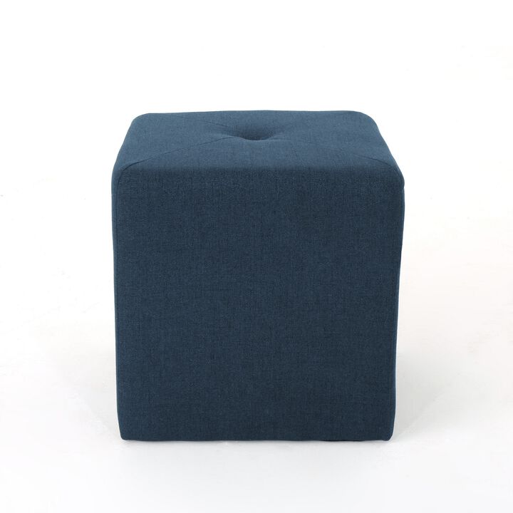 Liasa Ottoman, Cube Shape, Navy Blue Fabric, Plush Cushion, 17 Inch -Benzara