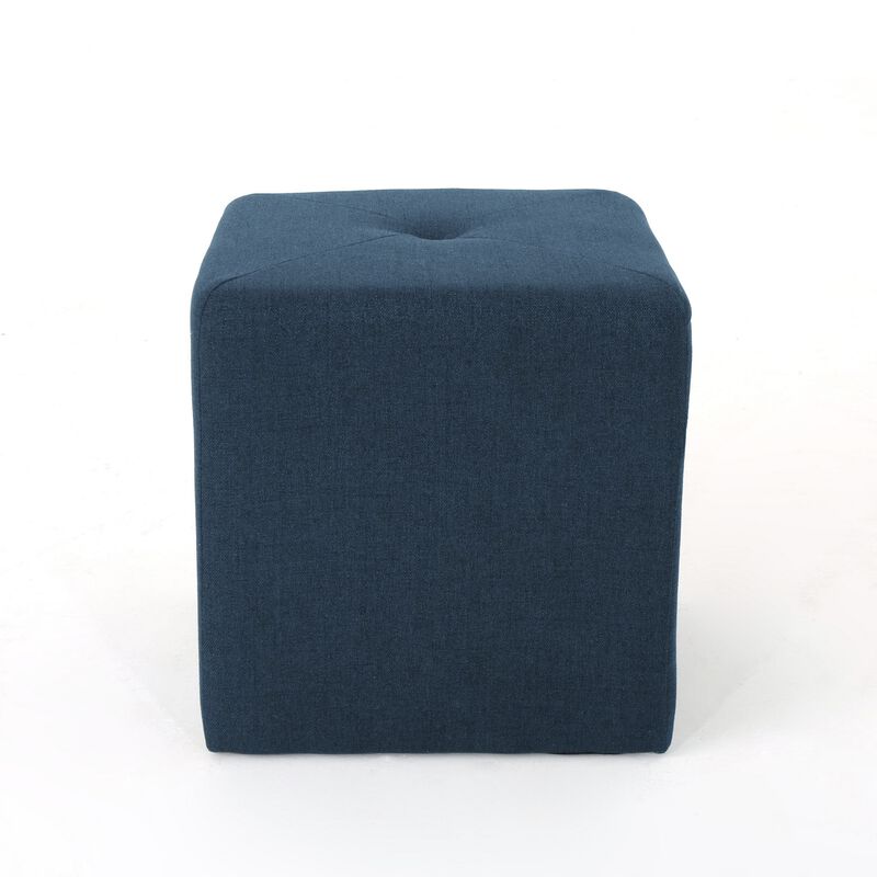 Liasa Ottoman, Cube Shape, Navy Blue Fabric, Plush Cushion, 17 Inch -Benzara