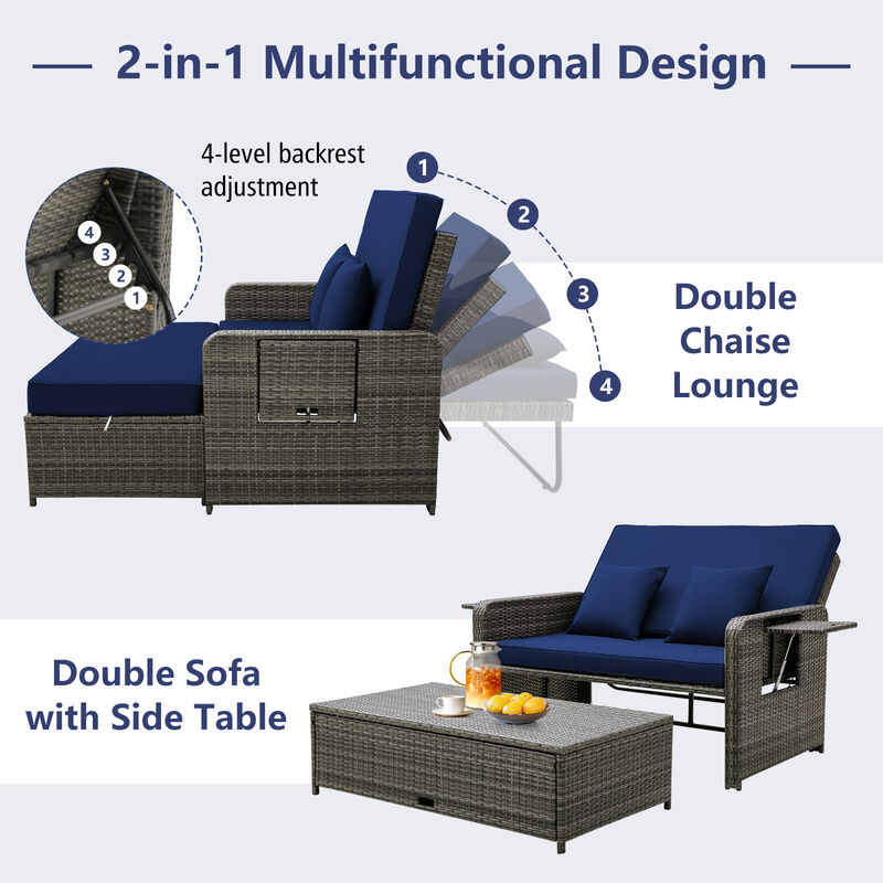 Wicker Loveseat Sofa with Multipurpose Ottoman and Retractable Side Tray
