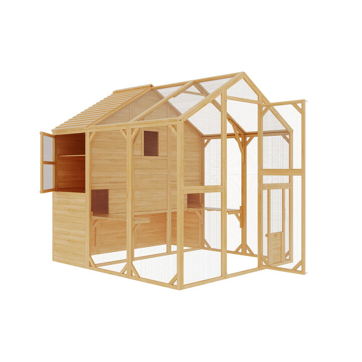 FUFU&GAGA Wood Convertible Chicken Coop & Rabbit Hutch with Triangular Top, Outdoor Mesh Design, and Weather-Resistant Features, (72.6" L x 66.5" W x 74.1" H), Yellow