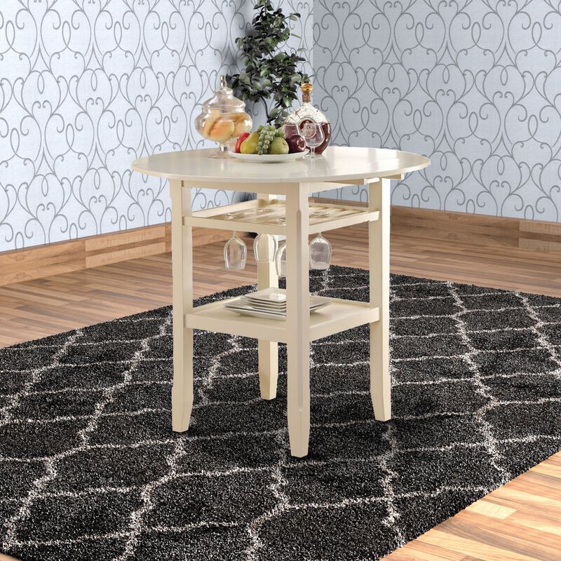Round Wooden Counter Height Table With Wine Glass Shelf, Cream-Benzara