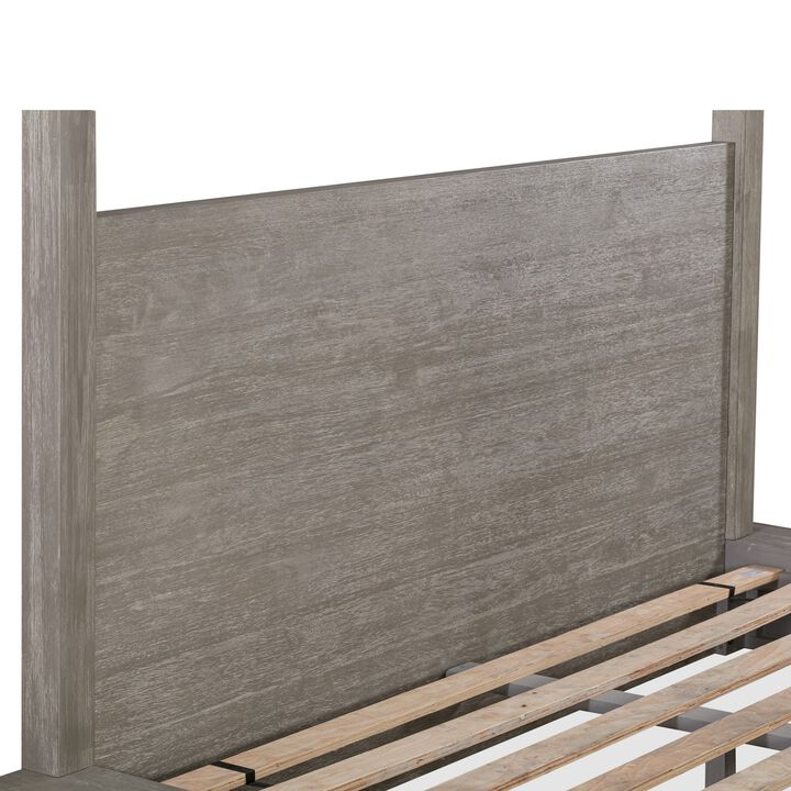 Nels King Platform Canopy Bed, Low Profile, Mitered Edges, Mineral Gray  - Benzara