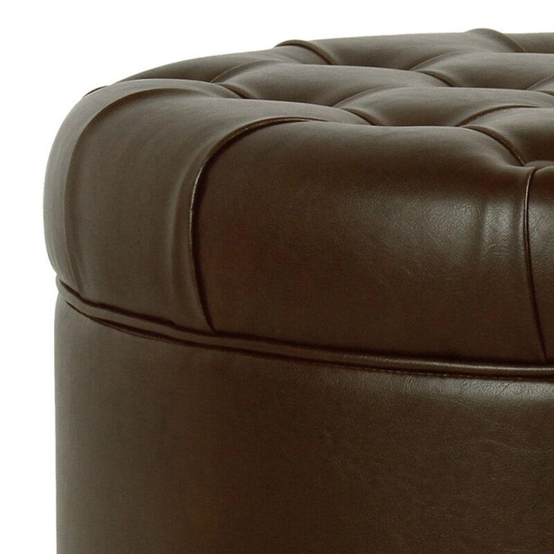 Leatherette Upholstered Wooden Ottoman with Tufted Lift Off Lid Storage, Brown - Benzara