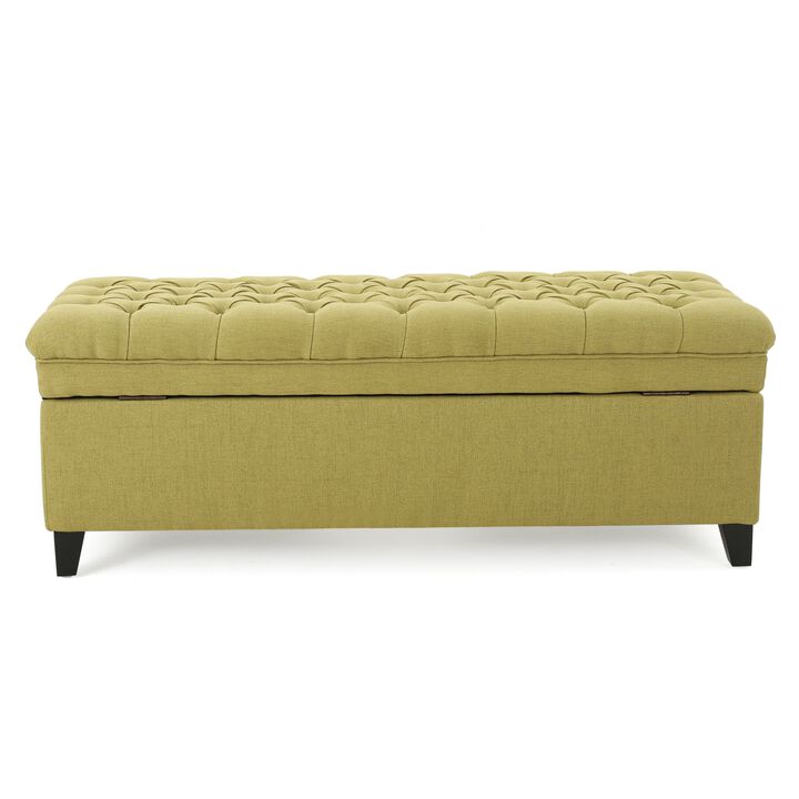 Rhya Storage Ottoman Bench, Soft Green Fabric, Black Wood, 50 Inch -Benzara