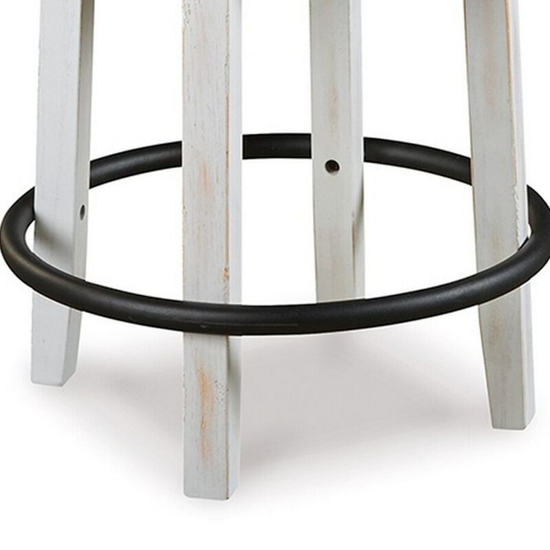 Zane 25 Inch Swivel Counter Height Stool, Round Cushioned Seat, White Wood - Benzara
