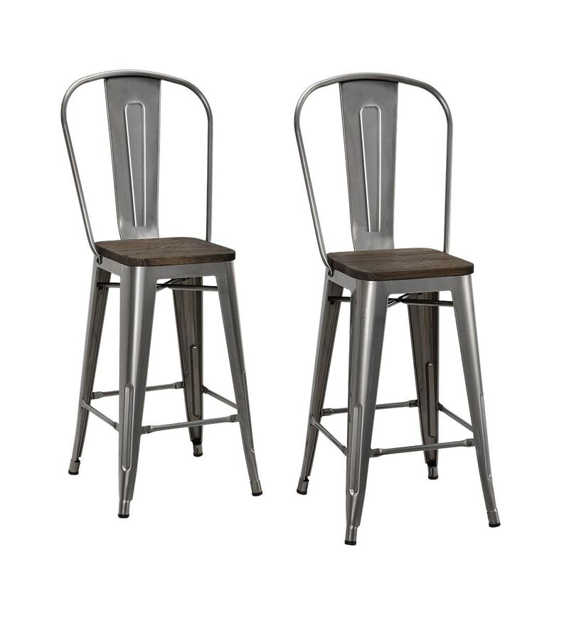 Atwater Living 24" Lainey Metal Counter Stool with Wood Seat, Set of 2, Steel Gray