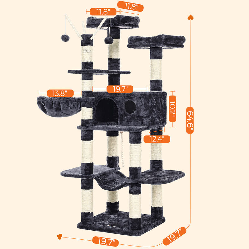 Large Cat Tree - 64.6-Inch Cat Tower with Hammock and Activity Center
