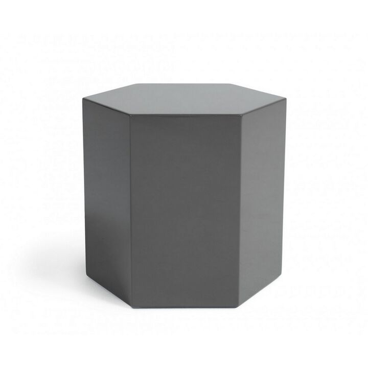 Contemporary High Gloss Hexagonal Wooden End Table, Medium, Gray-Benzara
