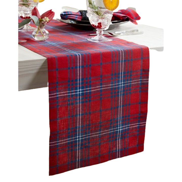 Solino Home 100% Pure Linen Red and Navy Tartan Plaid Table Runner