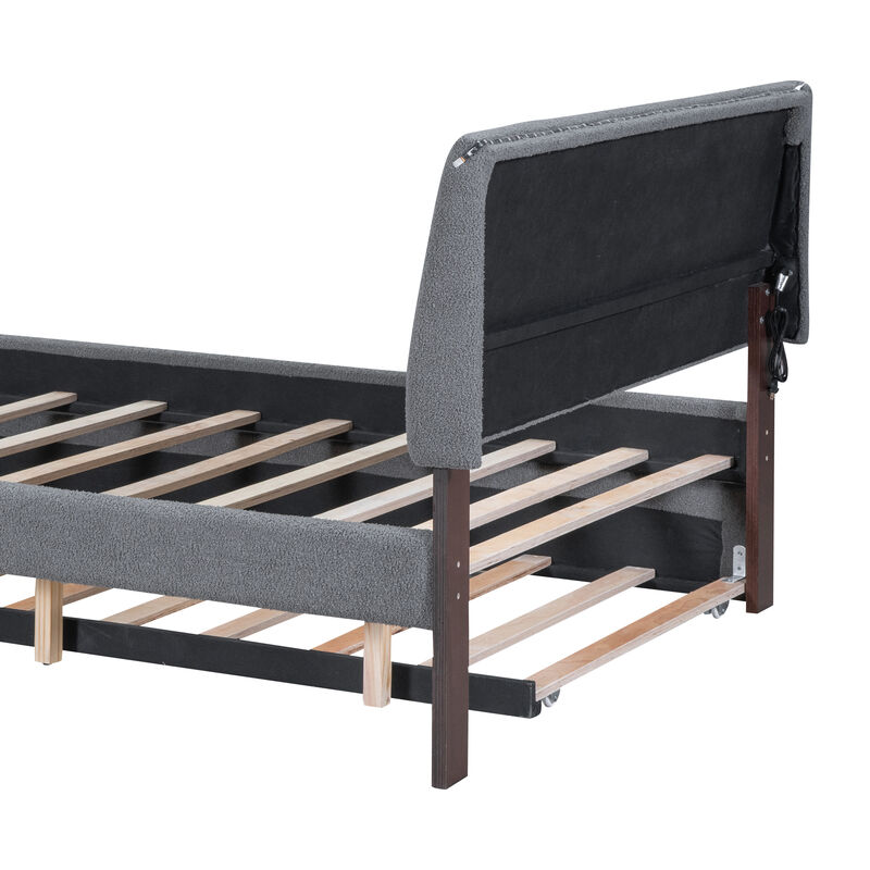 Merax Teddy Fleece Upholstered Platform Bed with Trundle