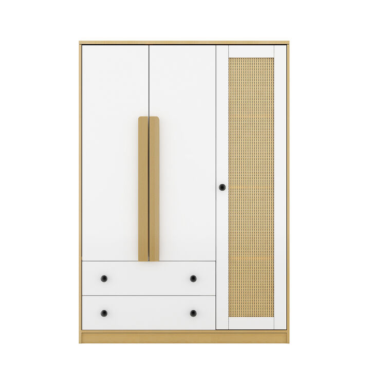Merax 3-Doors Wooden Rattan Wardrobe with 2 Drawers