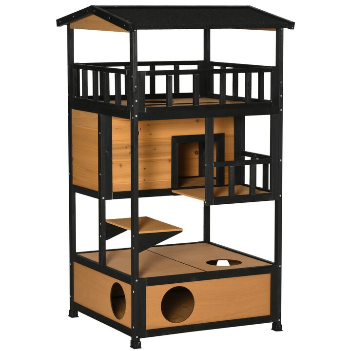 Yellow Wooden Cat Condo: Outdoor Kitten Tree with Escape Doors