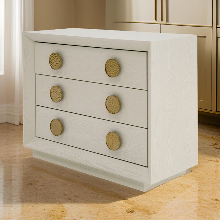 Cid Jorie 39 Inch Nightstand, 3 Drawers, Cream White Wood, Steel Handles - Benzara