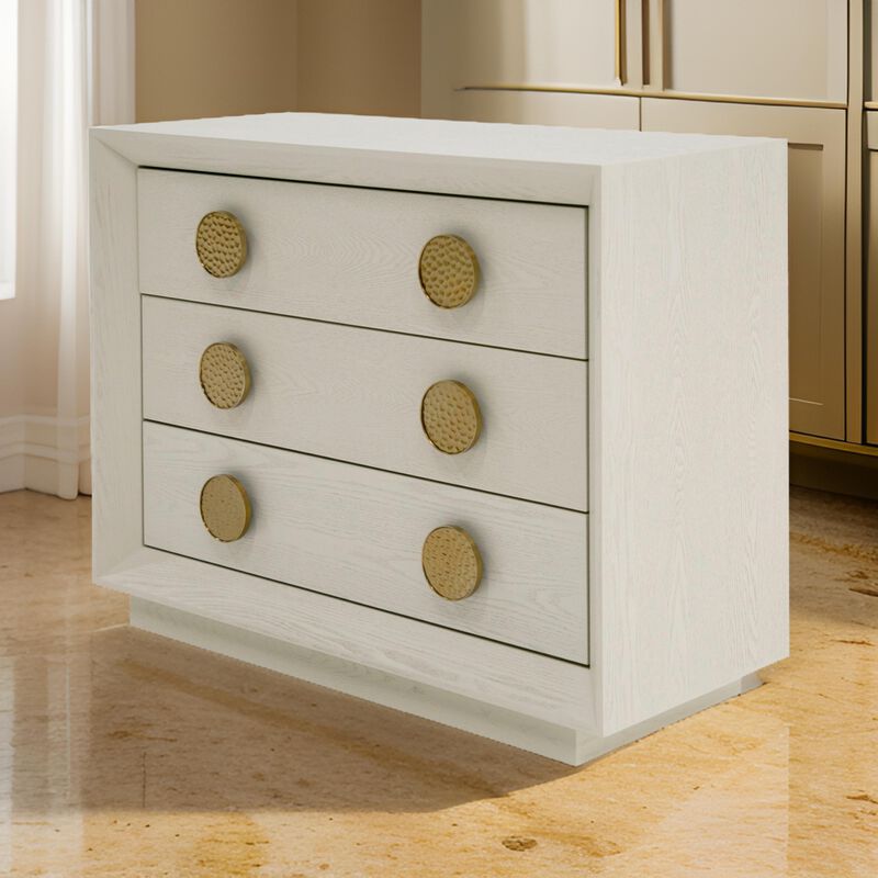 Cid Jorie 39 Inch Nightstand, 3 Drawers, Cream White Wood, Steel Handles - Benzara