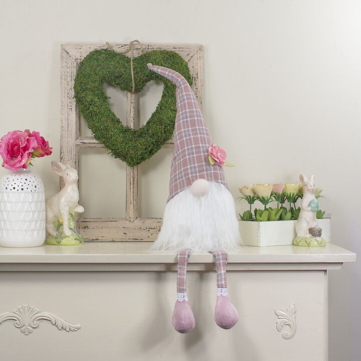 29" Pink and White Plaid Spring Gnome Table Top Figure with Dangling Legs