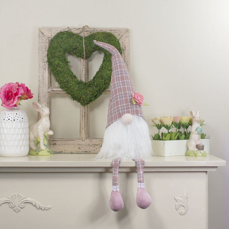 29" Pink and White Plaid Spring Gnome Table Top Figure with Dangling Legs