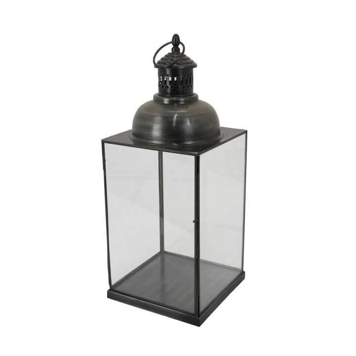 Laila Lantern, Black Metal, Glass Panels, Square Base, 18 Inch Tall - Benzara