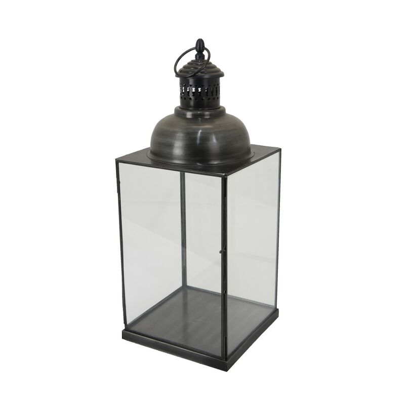 Laila Lantern, Black Metal, Glass Panels, Square Base, 18 Inch Tall - Benzara