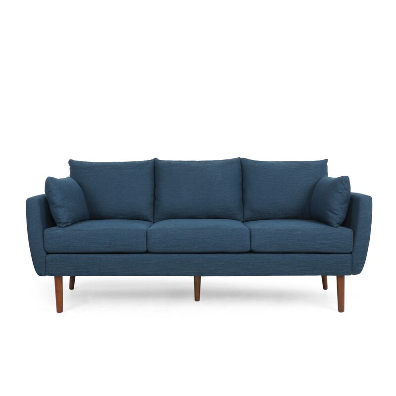 Nate Sofa with 2 Accent Pillows, 77 Inch Birch Wood, Navy Blue Fabric - Benzara