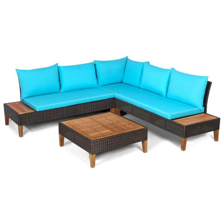 Hivvago 4 Pieces Patio Cushioned Rattan Furniture Set with Wooden Side Table-Turquoise