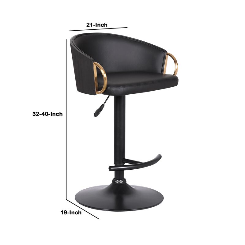 Adjustable Leatherette Swivel Barstool with Arched Seat, Black and Gold-Benzara