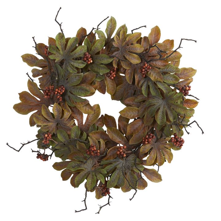 Hivvago 24" Fatsia with Berries Autumn Artificial Wreath