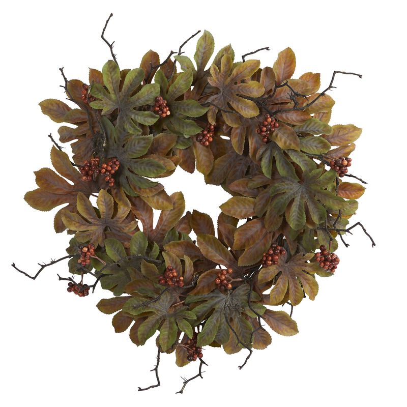 Hivvago 24" Fatsia with Berries Autumn Artificial Wreath