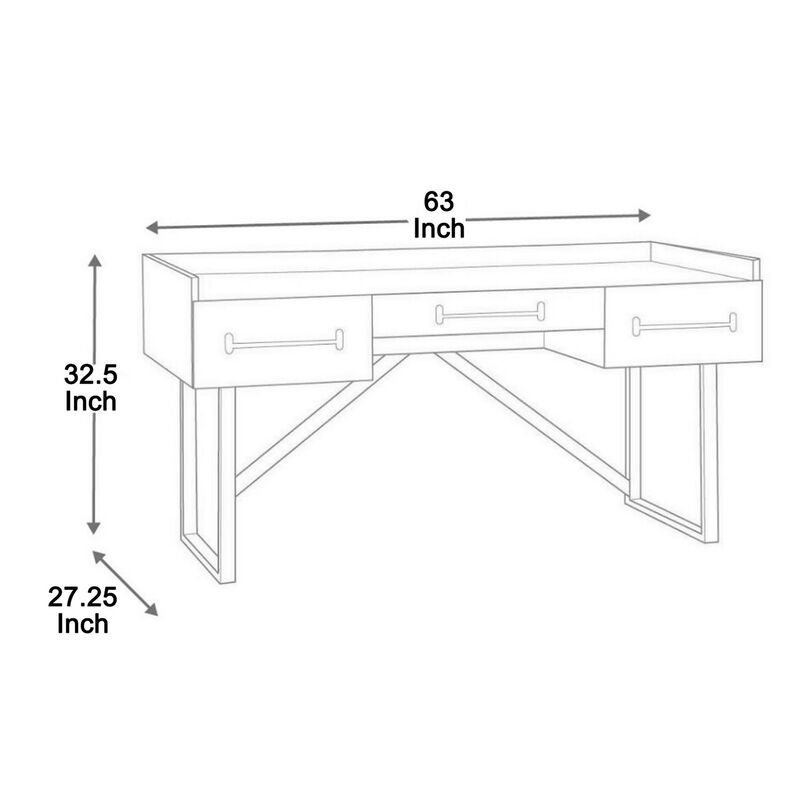 Three Drawers Wooden Desk with Tubular Metal Base and Bar Handles, Brown and Black-Benzara