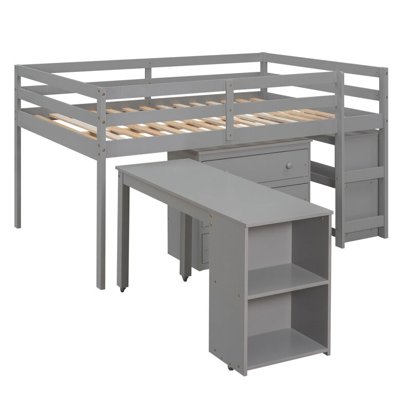 Low Study Full Loft Bed With Cabinet, Shelves And Rolling Portable Desk, Multiple Functions