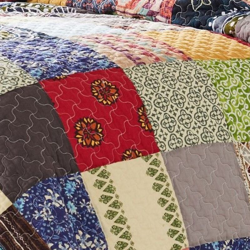 Lily 2 Piece Twin Quilt Set with Pillow Sham, Multicolor Patchwork - Benzara