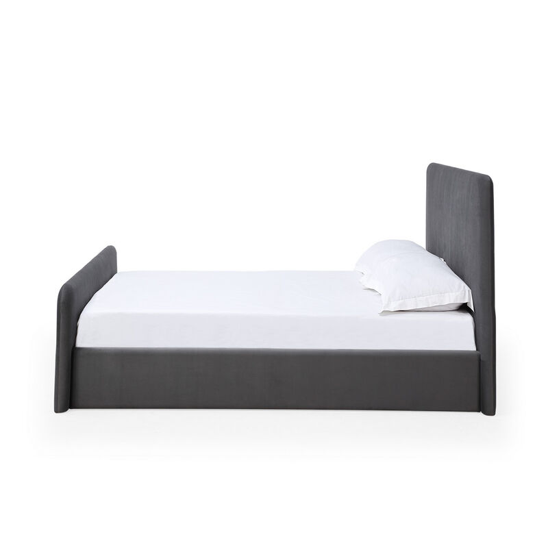 Cave Queen Size Platform Bed, Soft Velvet Upholstered, Charcoal Gray - Benzara