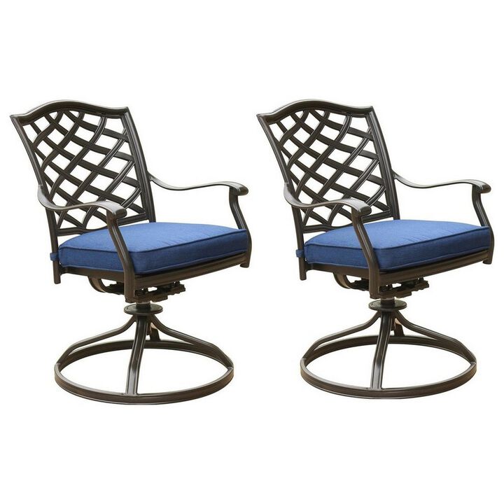 Wynn 25 Inch Modern Patio Dining Swivel Chair with Cushion, Set of 2, Blue-Benzara