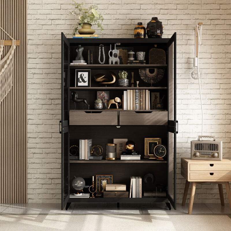 FUFU&GAGA Modern Glass Bookcase with Storage Drawers and Shelves, Tall Display Cabinet (47.2" W x 15.7" D x 74.8" H), Black