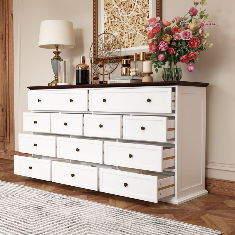 12-Drawer White Wood Dresser Storage Cabinet Vintage Style 31.5 in. H x 61 in. W x 15.7 in. D