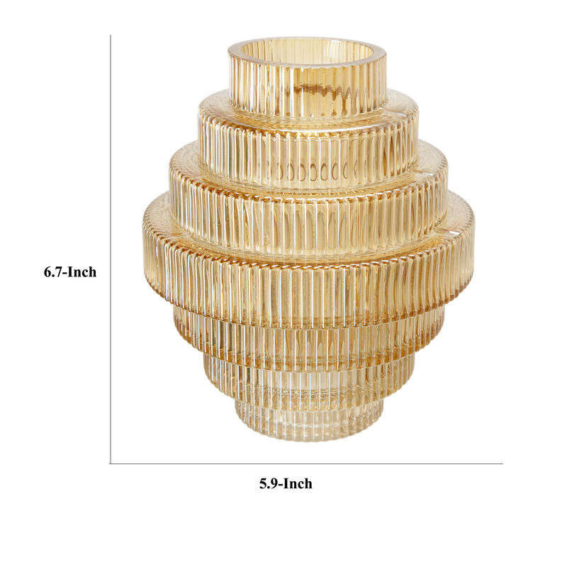 Rae Set of 2 Glass Vases, Geometric Round, Amber Yellow and Clear Finish-Benzara