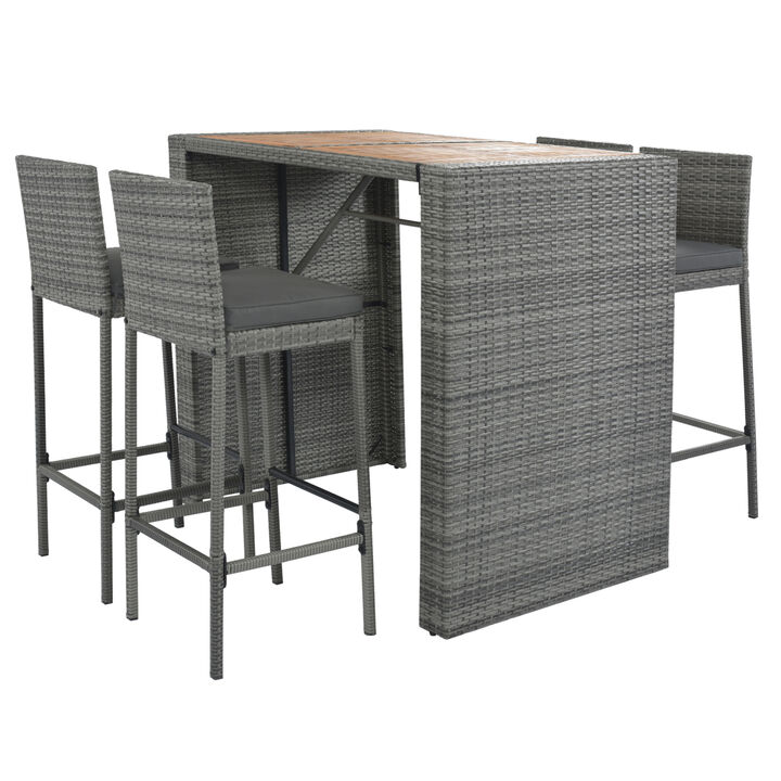 5-Pieces Outdoor Patio Wicker Bar Set, Bar Height Chairs With Non-Slip Feet And Fixed Rope