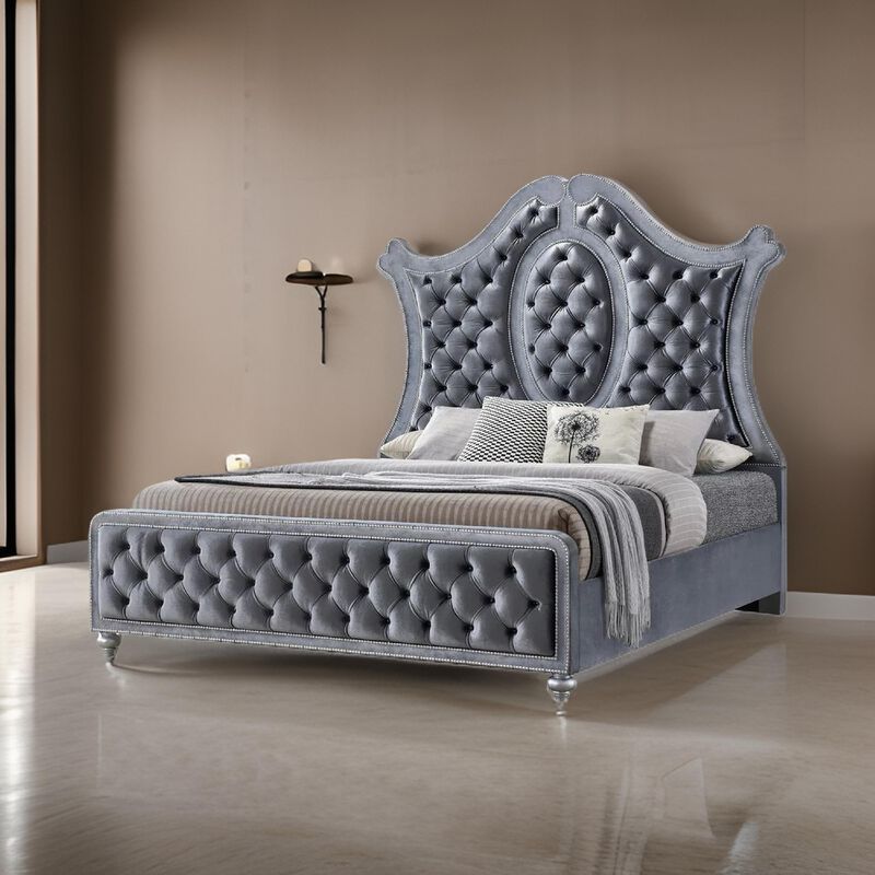 Rall Queen Size Bed, Curved Wood Headboard, Tufted Gray Fabric Upholstery - Benzara