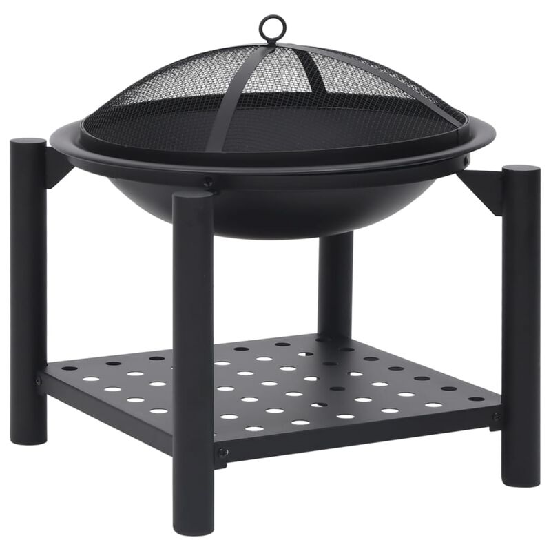 vidaXL Steel Fire Pit - Decorative Outdoor Patio, Garden Heating System with Bonus Poker, Enhanced Safety Features, Additional Storage Shelf, Scandinavian Style