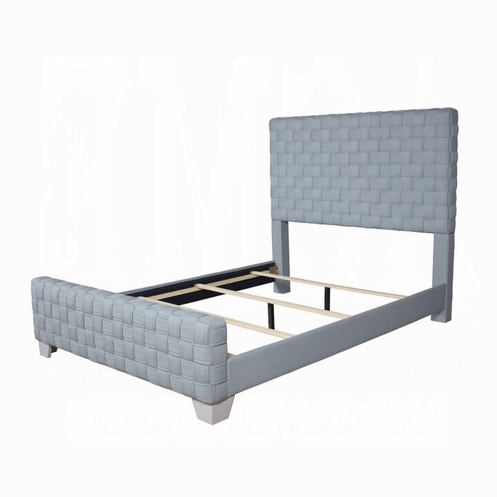 Reah Queen Size Bed, Light Teal Blue Chenille, Gray Panel Headboard - Benzara