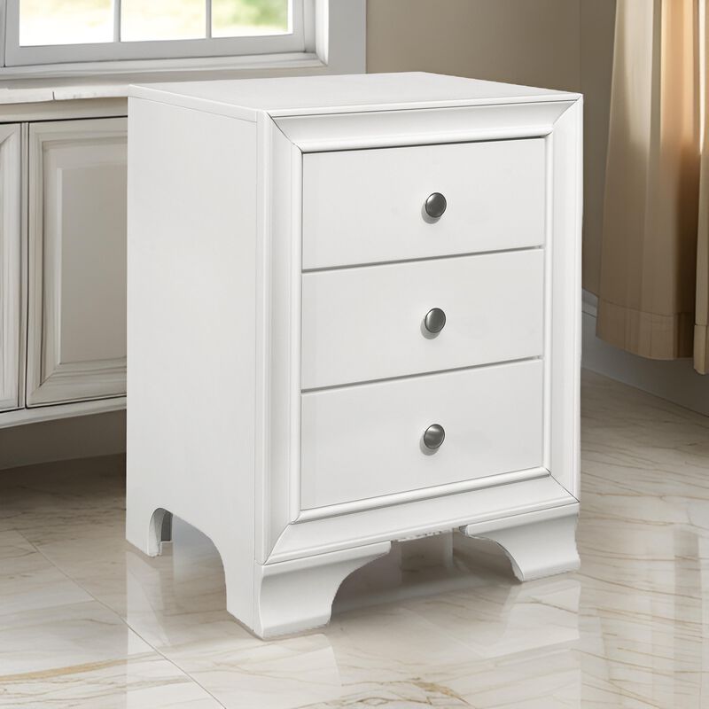 Folu 26 Inch Nightstand, USB Port, 3 Drawers with Chrome Knobs, White - Benzara