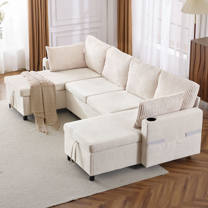 111.8" Sectional Sofa Pull-out Sofa Bed Versatile Sofa Sleeper with Large Storage Space, Two USB Ports and Two Cup Holders for Living Room