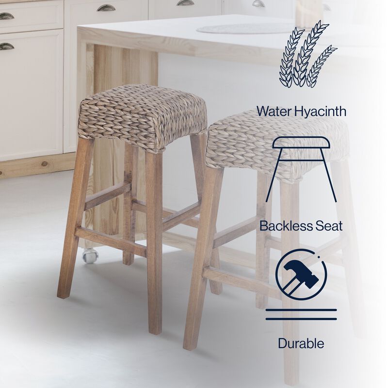 Maui Rustic Bohemian Hyacinth/Wood Backless Bar Stool