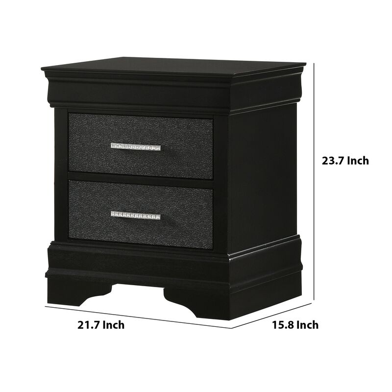 2 Drawer Wooden Nighstand with Horizontal Pull and Studded Accent, Black - Benzara