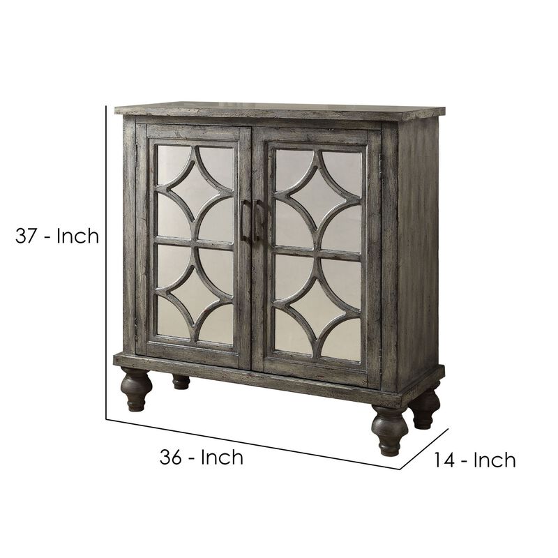 Storage Cabinet with 2 Doors and Diamond Mirror Trim, Weathered Gray-Benzara