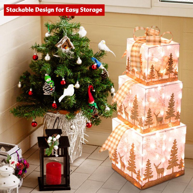 Hivvago Set of 3 Lighted Christmas Gift Box with 100 Warm White Lights