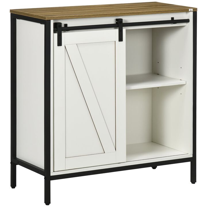 Two-Tone Kitchen Organizer: White/Brown Buffet with Sliding Barn Door