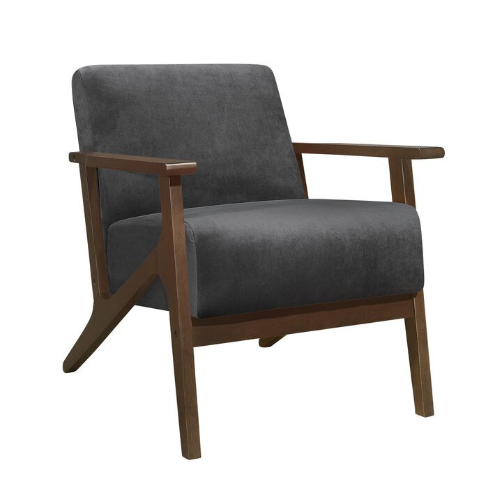 Rica 32 Inch Accent Armchair, Dark Gray Velvet, Walnut Brown Solid Wood - Benzara